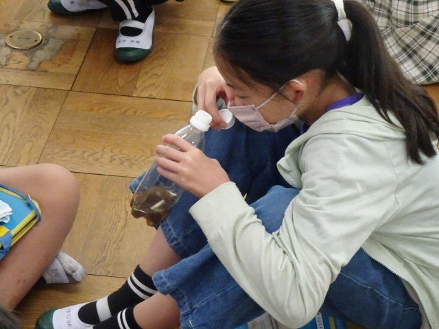 たばこの吸い殻のにおいを嗅ぐ児童